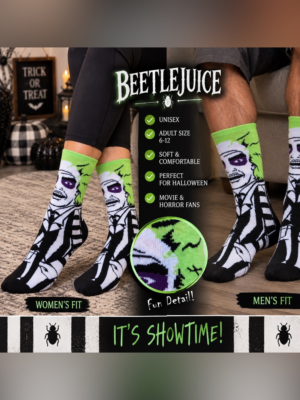 Beetlejuice Halloween Horror Crew Socks Black Green Adult 6-12 NWT